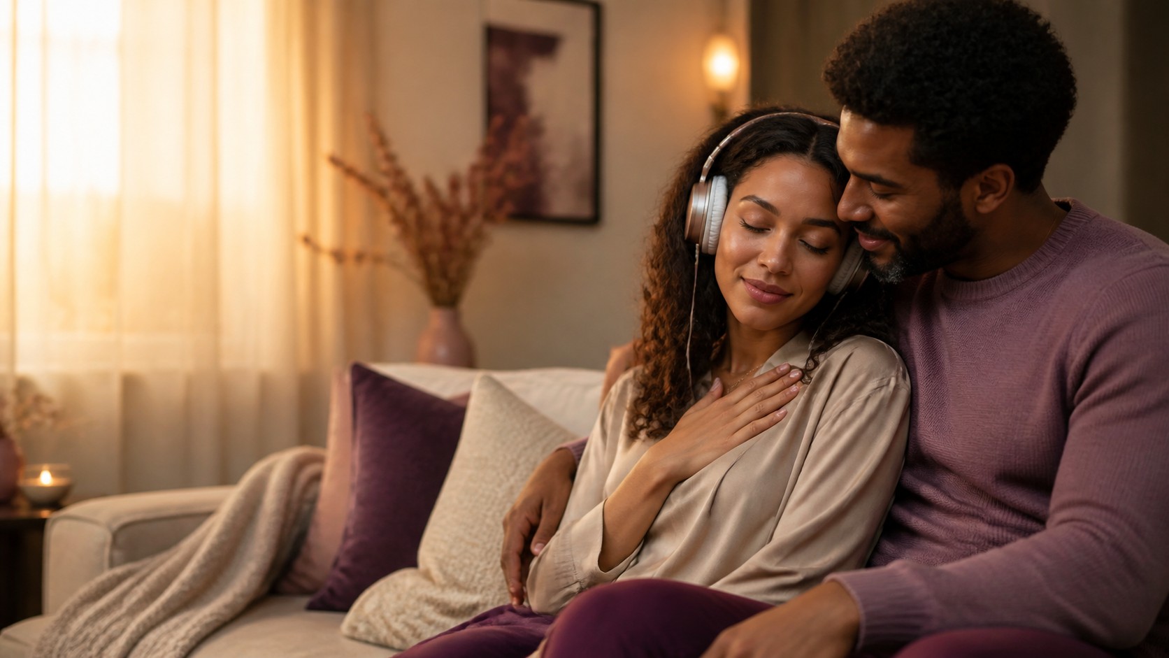A couple listening together to a personalised song on headphones at home